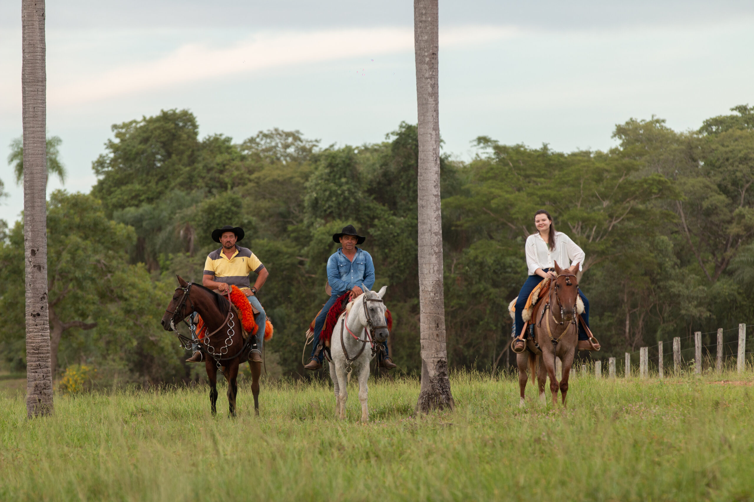 Tres pessoas montadas em cavalos